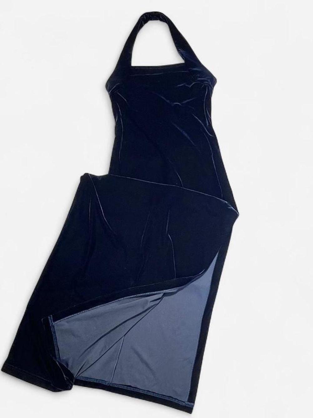Vintage 90s Deep Blue Velvet Halter Maxi Dress // Size US 3 // XS